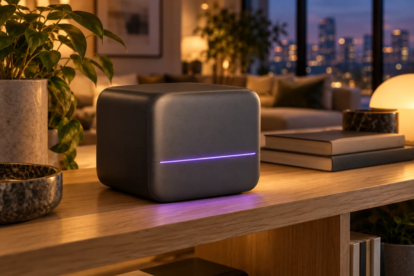 Concept render: a small graphite cube with a thin violet light line, on an oak shelf in a living room at dusk