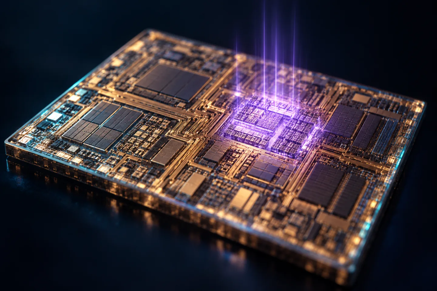Concept render: a silicon die with one region glowing violet and light rising from it
