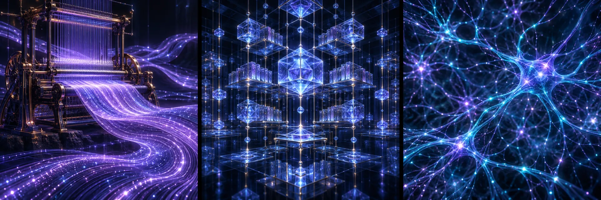 Three panels: a loom weaving violet threads, a crystalline lattice of blue facts, and a glowing field of neural filaments